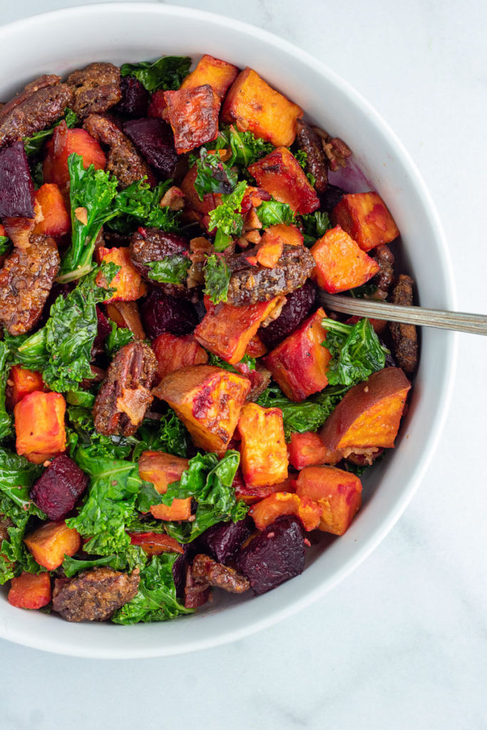 Sweet Potato Beet Kale Salad with Candied Pecans - Kitchen Gone Rogue