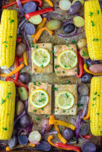 sheet pan salmon and vegetable dinner